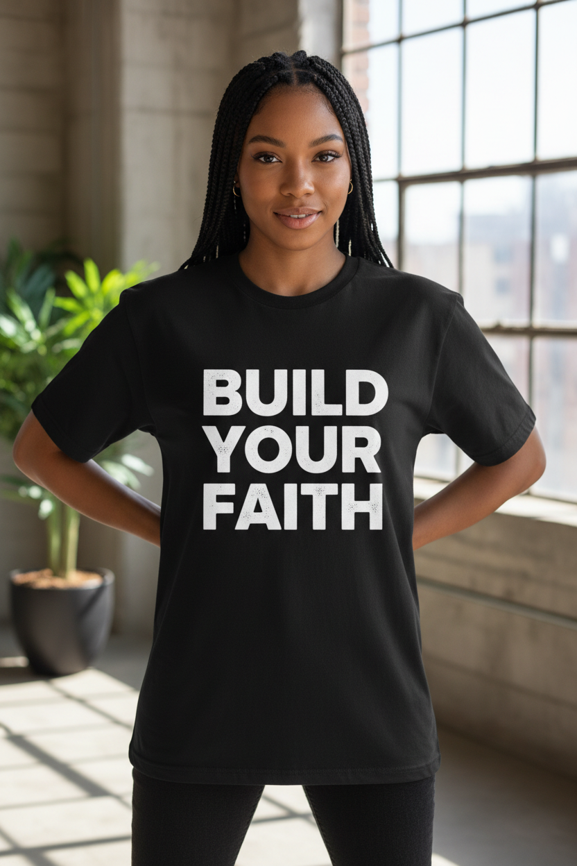 Woman wearing Build Your Faith T-Shirt