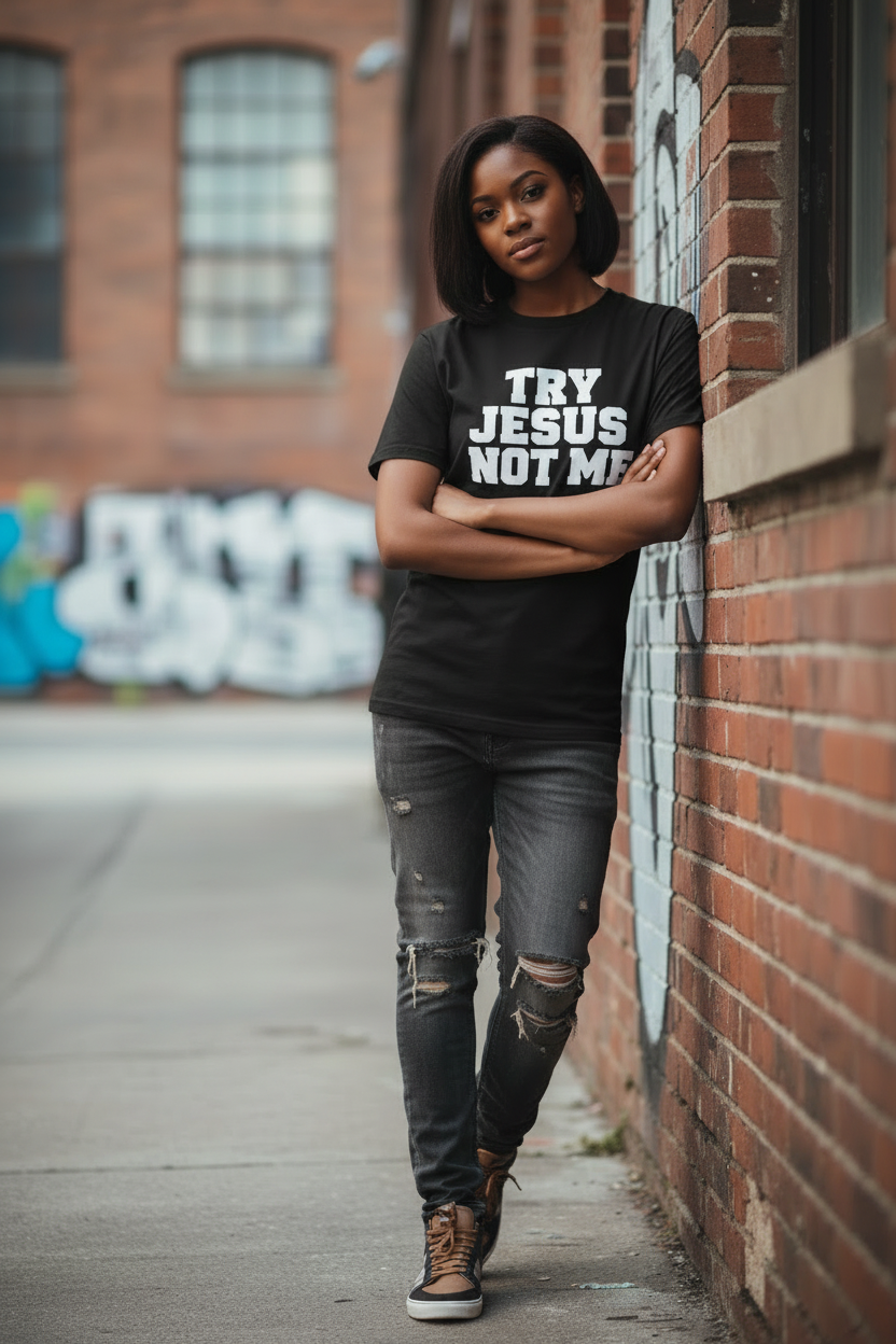 Try Jesus Not Me T-Shirt - Female Model